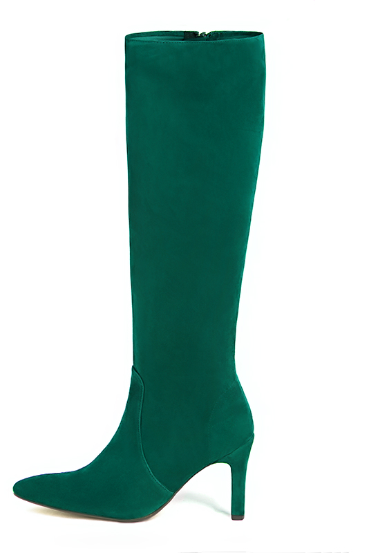 Emerald green women's feminine knee-high boots. Tapered toe. High slim heel. Made to measure. Profile view - Florence KOOIJMAN